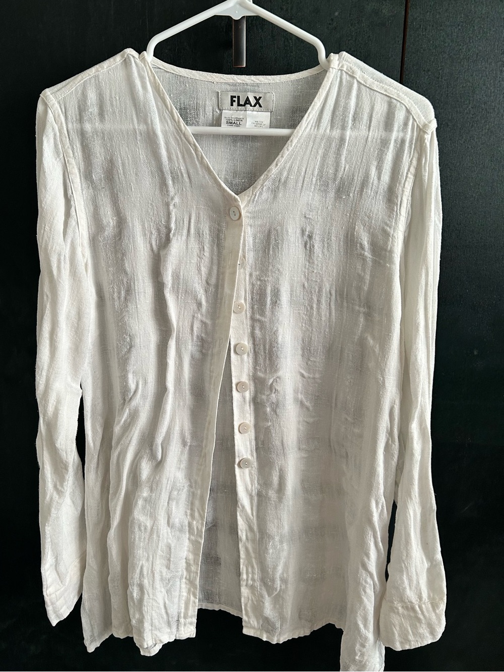 Flax Women's 100% Linen White Button-Up Long Sleeve Lagenlook Small Lightweight